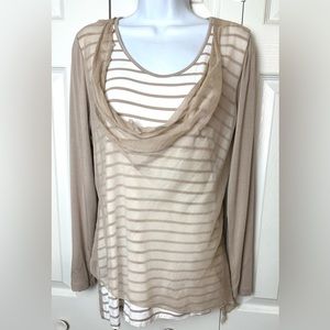 SOFT SURROUNDINGS Drape Overlay Front Striped Silk Tan Beige White Scoop Neck